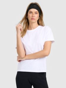 4F T-shirt regular gładki damski - biały M. Białe t-shirty 4f, m, bez wzorów, z materiału, bez kołnierzyka, bez ramiączek. Za 49,99 zł.
