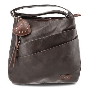 Torebka damska Rieker o pojemnym fasonie z regulowanym paskiem licznymi kieszeniami i ozdobnym brelokiem w kształcie serca brązowa H1005-25 Brown. Brązowe shopper bag Rieker, bez wzorów, bez dodatków. Za 249,00 zł.