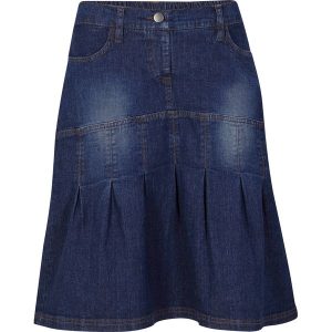 Spódnica dżinsowa ze szczypankami i wygodnym paskiem, fason o linii litery A. Niebieskie spódnice bonprix, bez wzorów. Za 119,99 zł.