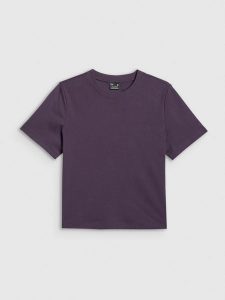 4F T-shirt regular gładki damski - fioletowy L. Fioletowe t-shirty 4f, l, bez wzorów, z bawełny, bez kołnierzyka, bez ramiączek. Za 69,99 zł.