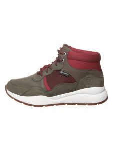 Timberland Skórzane botki "Boroughs" w kolorze oliwkowo-czerwonym rozmiar: 38. Brązowe botki Timberland, bez wzorów, z nubiku, bez obcasa, na platformie, bez zapięcia. Za 245,96 zł.