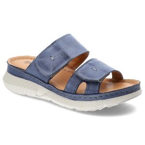 Niebieskie Klapki Armodo Wygodne Obuwie Damskie. Niebieskie klapki Armodo, bez wzorów, z materiału, bez obcasa, na koturnie. Za 229,00 zł.