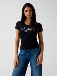 Guess T-Shirt W6RI24 J1314 Czarny Regular Fit. Czarne t-shirty Guess, m, z aplikacjami, z bawełny, bez kołnierzyka, bez ramiączek. Za 179,99 zł.