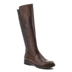 Brązowe Kozaki Rieker Wysokie Buty Damskie. Brązowe kozaki Rieker, na zimę, bez wzorów, z materiału, bez obcasa, bez zapięcia. Za 450,99 zł.