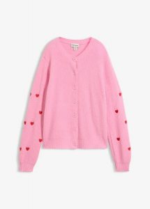 Sweter rozpinany z haftem w serca. Czerwone kardigany bonprix. Za 149,99 zł.