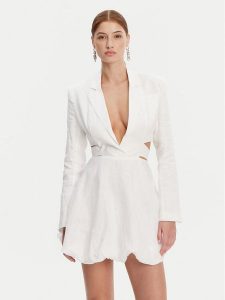 Bardot Sukienka letnia 59860DB Biały Regular Fit. Białe kombinezony Bardot, na lato, bez wzorów, ze lnu, bez kołnierzyka, bez ramiączek. Za 499,99 zł.