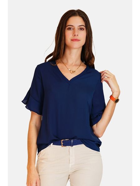 ASSUILI Bluzka w kolorze granatowym rozmiar: 36. Niebieskie bluzki Assuili, bez wzorów, klasyczne, bez kołnierzyka, bez ramiączek. Za 91,99 zł.