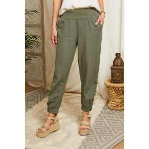 Lin Passion Lniane spodnie w kolorze khaki rozmiar: 38/40. Brązowe spodnie z wysokim stanem Lin Passion, bez wzorów, ze lnu, z podwyższonym stanem. Za 149,95 zł.