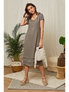 Lin Passion Lniana sukienka w kolorze szarobrązowym rozmiar: 40/42. Brązowe sukienki Lin Passion, bez wzorów, ze lnu, klasyczne, bez kołnierzyka, bez ramiączek, midi, rozkloszowane. Za 113,99 zł.