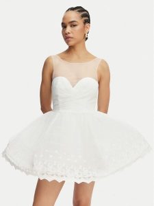 Bardot Sukienka koktajlowa Hilda Hoop 60223DB Biały Regular Fit. Białe sukienki Bardot, bez wzorów, z syntetyku, wizytowe, bez kołnierzyka, bez ramiączek. Za 630,99 zł.