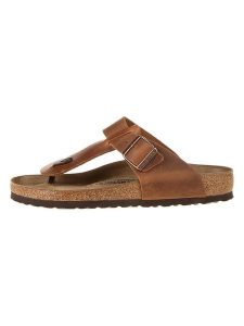 Birkenstock Skórzane japonki "Medina" w kolorze jasnobrązowym rozmiar: 40. Brązowe klapki Birkenstock, bez wzorów, z otwartym noskiem, bez obcasa. Za 372,95 zł.