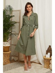 Lin Passion Lniana sukienka w kolorze khaki rozmiar: 40/42. Brązowe sukienki Lin Passion, bez wzorów, ze lnu, klasyczne, bez kołnierzyka, bez ramiączek, midi, rozkloszowane. Za 210,81 zł.