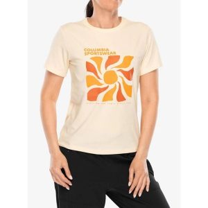 Koszulka z nadrukiem damska Columbia Sun Trek Graphic S/S III. Brązowe koszulki sportowe Columbia, bez wzorów, bez ramiączek. Za 109,99 zł.