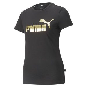 Damska koszulka z metalicznym logo Essentials+ PUMA Black Gold Foil. Czarne bluzki Puma, s, bez wzorów, eleganckie, bez kołnierzyka, bez ramiączek. Za 153,00 zł.