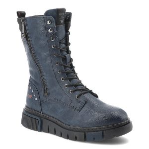 Granatowe Botki Mustang Wygodne Obuwie Damskie. Niebieskie botki Mustang, z aplikacjami, ze skóry ekologicznej, przed kolano, bez obcasa, bez zapięcia. Za 331,99 zł.