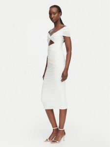 Bardot Sukienka koktajlowa Priah 60152DB Kremowy Slim Fit. Białe sukienki Bardot, bez wzorów, z syntetyku, wizytowe, bez kołnierzyka, bez ramiączek. Za 639,99 zł.