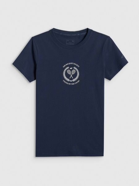 4F T-shirt slim z nadrukiem damski - granatowy M. Niebieskie t-shirty 4f, m, bez wzorów, z bawełny, bez kołnierzyka, bez ramiączek. Za 59,99 zł.