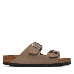 Klapki Birkenstock. Brązowe klapki Birkenstock, bez wzorów, bez obcasa. Za 379,99 zł.