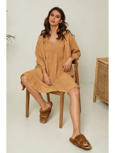 Fleur de Lin Lniana sukienka "Jasmine" w kolorze karmelowym rozmiar: XXL. Brązowe sukienki Fleur de Lin, xxl, bez wzorów, ze lnu, bez kołnierzyka, bez ramiączek, mini. Za 202,03 zł.
