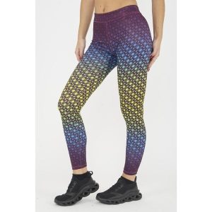 Legginsy do treningu damskie NETMESH fioletowe żółte fluo. Fioletowe legginsy ELPLAYER, bez wzorów, z dżerseju. W wyprzedaży za 84,50 zł.