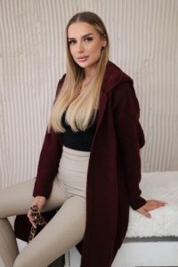 Sweter Kardigan z kapturem bordowy. Czerwone długie swetry KESI, l, z lycry, bez kołnierzyka, plus size. Za 218,51 zł.