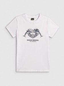 4F T-shirt regular z nadrukiem damski - biały M. Białe t-shirty 4f, m, bez wzorów, z bawełny, bez kołnierzyka, bez ramiączek. Za 59,99 zł.