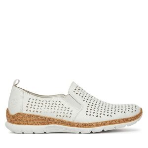 Półbuty Rieker. Białe półbuty Rieker, bez wzorów, bez obcasa, na płaskiej podeszwie, bez zapięcia. Za 189,99 zł.