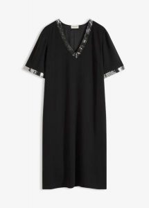 Sukienka szyfonowa z cekinami. Czarne sukienki bonprix, bez wzorów, z szyfonu, eleganckie, bez kołnierzyka, bez ramiączek. Za 79,99 zł.