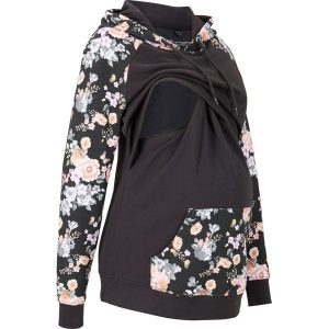 Miękka bluza 2 w 1, ciążowa i do karmienia piersią. Czarne bluzy bonprix, bez wzorów, z dresówki, z kapturem. Za 144,99 zł.
