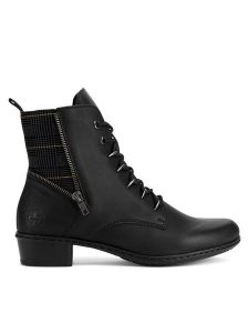 Rieker Trzewiki Y0700-01 Czarny. Czarne botki Rieker, bez wzorów, ze skóry, bez obcasa, na płaskiej podeszwie, bez zapięcia. Za 303,00 zł.