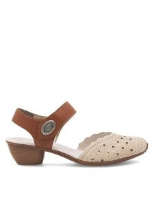 Rieker Sandały 43703-60 Beżowy. Brązowe sandały Rieker, bez wzorów, ze skóry, bez obcasa, na słupku, bez zapięcia. Za 279,99 zł.