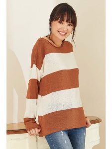 Milan Kiss Sweter w kolorze brązowo-kremowym rozmiar: M. Brązowe długie swetry Milan Kiss, m, z bawełny, bez kołnierzyka. Za 142,53 zł.