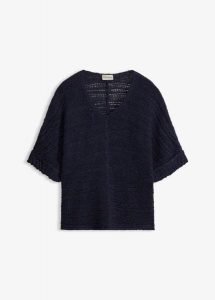 Gruby sweter z przędzy wstążkowej. Niebieskie swetry klasyczne bonprix, bez kołnierzyka. Za 119,99 zł.