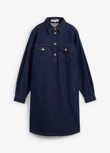 Sukienka dżinsowa. Niebieskie sukienki bonprix, bez wzorów, bez kołnierzyka, bez ramiączek, mini. Za 149,99 zł.