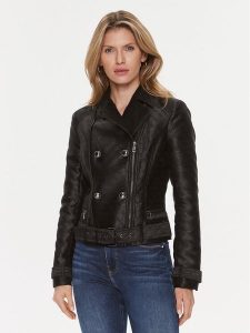 Guess Kurtka z imitacji skóry Olivia Moto Jacket W3YL25 WFIR2 Czarny Regular Fit. Czarne kurtki Guess, s, z aplikacjami, ze skóry, bez kaptura. Za 589,99 zł.
