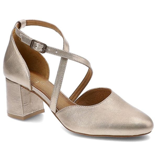 Sandały damskie Maciejka, gładka cholewka o subtelnym połysku krzyżujące się paski z regulacją przy kostce stabilny obcas, złote, 04070-25-00-1. Żółte sandały Maciejka, bez wzorów, ze skóry, bez obcasa, na obcasie, bez zapięcia. Za 269,00 zł.