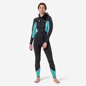 Skafander do nurkowania damski Subea SCD 500 z neoprenu 5 mm. Niebieskie kombinezony DECATHLON, s, bez wzorów, z kauczuku, bez kołnierzyka, bez ramiączek, długie. Za 349,99 zł.