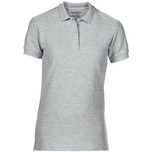 Damska Sportowa Bawełniana Koszulka Polo Premium Double Pique. Szare koszulki sportowe GILDAN, bez wzorów, z bawełny, bez ramiączek. Za 58,99 zł.