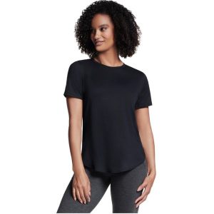 T-shirt sportowy z krótkim rękawem damski Godri Swift Tunic Tee. Czarne koszulki sportowe Skechers, bez wzorów, z poliesteru, bez ramiączek. Za 159,99 zł.