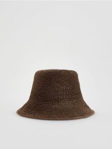 Słomkowy kapelusz bucket - ciemnobrązowy. Brązowe kapelusze Reserved, bez wzorów. Za 89,99 zł.