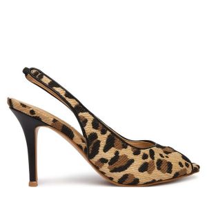 Sandały Guess. Brązowe sandały Guess, z aplikacjami, bez obcasa, na szpilce, bez zapięcia. Za 575,99 zł.