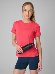 4F Koszulka treningowa regular szybkoschnąca damska - czerwona XL. Czerwone bluzki 4f, xl, bez wzorów, bez kołnierzyka, bez ramiączek. Za 79,99 zł.