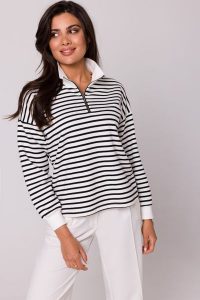 Bluza w Paski z Wysokim Kołnierzem. Bluzy MOE, l, bez wzorów, z bawełny, bez kaptura. Za 254,79 zł.