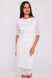 Elegancka ołówkowa dwuczęściowa sukienka koronkowa ecru. Sukienki Stylove, m, bez wzorów, z koronki, eleganckie, bez kołnierzyka, bez ramiączek, ołówkowe. Za 449,00 zł.