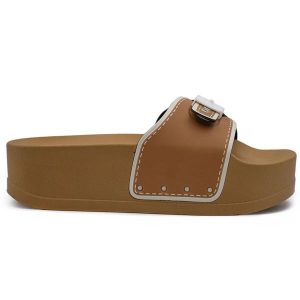 Klapki turystyczne damskie Scholl Pescura Moon Wedge. Brązowe klapki Scholl, bez wzorów, z materiału, bez obcasa, na koturnie. Za 187,04 zł.