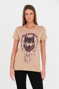 GUESS Brązowy damski t-shirt bawełniany z wilkiem, Rozmiar L. Brązowe t-shirty Guess, l, z aplikacjami, z bawełny, bez kołnierzyka, bez ramiączek. W wyprzedaży za 184,99 zł.
