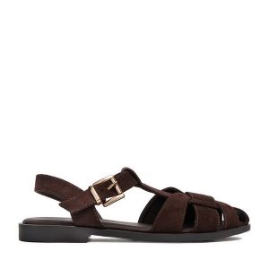 Sandały JENNY. Brązowe sandały Jenny, bez wzorów, bez obcasa, na płaskiej podeszwie, bez zapięcia. Za 129,99 zł.