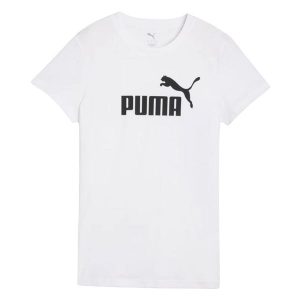 T-shirt Damski Logo ESS No.1. Białe t-shirty Puma, bez wzorów, bez kołnierzyka, bez ramiączek. Za 110,99 zł.