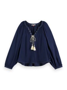 Scotch & Soda Bluzka w kolorze granatowym rozmiar: 38. Niebieskie bluzki Scotch & Soda, s, bez wzorów, z wiskozy, klasyczne, bez kołnierzyka, bez ramiączek. Za 153,71 zł.